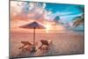 Beautiful Tropical Sunset Scenery, Two Sun Beds, Loungers, Umbrella under Palm Tree. White Sand, Se-icemanphotos-Mounted Photographic Print