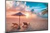 Beautiful Tropical Sunset Scenery, Two Sun Beds, Loungers, Umbrella under Palm Tree. White Sand, Se-icemanphotos-Mounted Premium Photographic Print