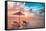 Beautiful Tropical Sunset Scenery, Two Sun Beds, Loungers, Umbrella under Palm Tree. White Sand, Se-icemanphotos-Framed Stretched Canvas