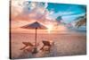 Beautiful Tropical Sunset Scenery, Two Sun Beds, Loungers, Umbrella under Palm Tree. White Sand, Se-icemanphotos-Stretched Canvas