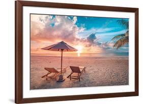 Beautiful Tropical Sunset Scenery, Two Sun Beds, Loungers, Umbrella under Palm Tree. White Sand, Se-icemanphotos-Framed Photographic Print