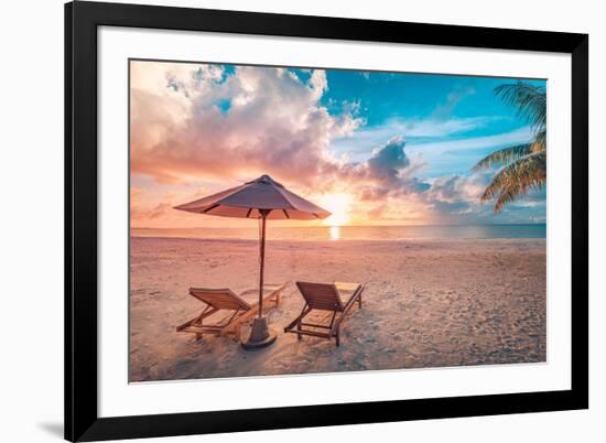 Beautiful Tropical Sunset Scenery, Two Sun Beds, Loungers, Umbrella under Palm Tree. White Sand, Se-icemanphotos-Framed Photographic Print