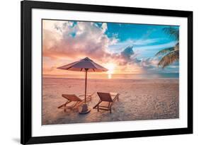 Beautiful Tropical Sunset Scenery, Two Sun Beds, Loungers, Umbrella under Palm Tree. White Sand, Se-icemanphotos-Framed Photographic Print