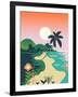 Beautiful Vector Flat Design Illustration on Tropical Sand Beach Landscape with Palms, Mountains An-Mascha Tace-Framed Art Print