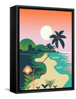 Beautiful Vector Flat Design Illustration on Tropical Sand Beach Landscape with Palms, Mountains An-Mascha Tace-Framed Stretched Canvas