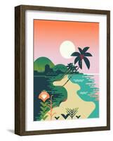 Beautiful Vector Flat Design Illustration on Tropical Sand Beach Landscape with Palms, Mountains An-Mascha Tace-Framed Art Print