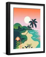 Beautiful Vector Flat Design Illustration on Tropical Sand Beach Landscape with Palms, Mountains An-Mascha Tace-Framed Art Print