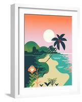 Beautiful Vector Flat Design Illustration on Tropical Sand Beach Landscape with Palms, Mountains An-Mascha Tace-Framed Art Print