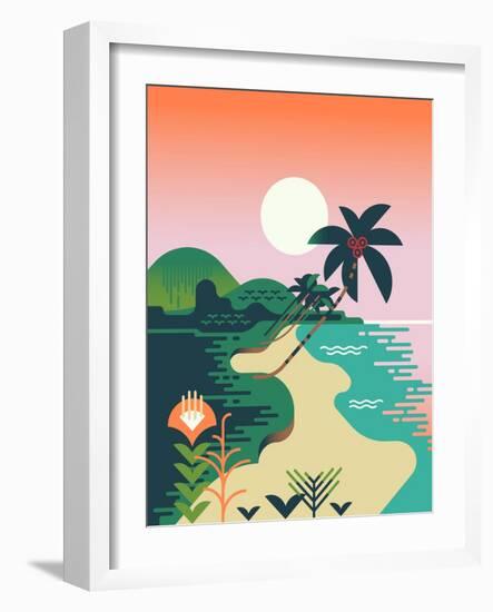 Beautiful Vector Flat Design Illustration on Tropical Sand Beach Landscape with Palms, Mountains An-Mascha Tace-Framed Art Print