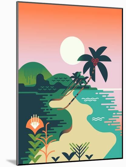 Beautiful Vector Flat Design Illustration on Tropical Sand Beach Landscape with Palms, Mountains An-Mascha Tace-Mounted Art Print