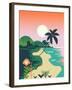 Beautiful Vector Flat Design Illustration on Tropical Sand Beach Landscape with Palms, Mountains An-Mascha Tace-Framed Art Print