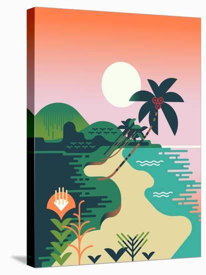 Beautiful Vector Flat Design Illustration on Tropical Sand Beach Landscape with Palms, Mountains An-Mascha Tace-Stretched Canvas