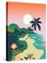 Beautiful Vector Flat Design Illustration on Tropical Sand Beach Landscape with Palms, Mountains An-Mascha Tace-Stretched Canvas