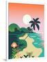 Beautiful Vector Flat Design Illustration on Tropical Sand Beach Landscape with Palms, Mountains An-Mascha Tace-Framed Art Print