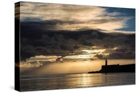 Beautiful Vibrant Sunrise Sky over Calm Water Ocean with Lighthouse and Harbor Wall-Veneratio-Stretched Canvas