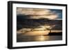 Beautiful Vibrant Sunrise Sky over Calm Water Ocean with Lighthouse and Harbor Wall-Veneratio-Framed Photographic Print