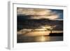 Beautiful Vibrant Sunrise Sky over Calm Water Ocean with Lighthouse and Harbor Wall-Veneratio-Framed Photographic Print