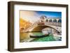 Beautiful View of Traditional Gondola on Famous Canal Grande with Rialto Bridge at Sunset in Venice-canadastock-Framed Photographic Print