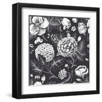 Beautiful Vintage Floral Seamless Pattern. Garden Roses, Hydrangea and Dog-Rose Flower on a Black B-Olga Korneeva-Framed Art Print