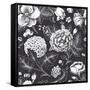 Beautiful Vintage Floral Seamless Pattern. Garden Roses, Hydrangea and Dog-Rose Flower on a Black B-Olga Korneeva-Framed Stretched Canvas