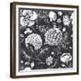 Beautiful Vintage Floral Seamless Pattern. Garden Roses, Hydrangea and Dog-Rose Flower on a Black B-Olga Korneeva-Framed Premium Giclee Print