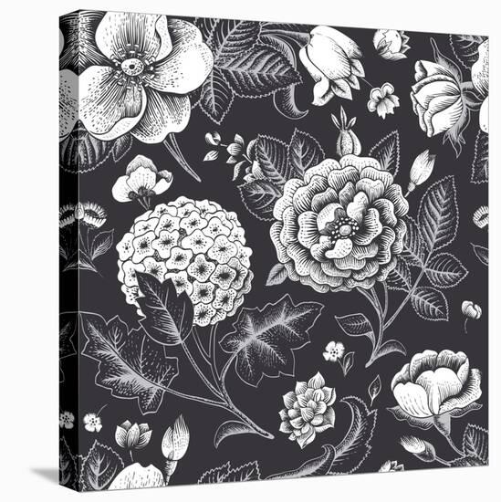 Beautiful Vintage Floral Seamless Pattern. Garden Roses, Hydrangea and Dog-Rose Flower on a Black B-Olga Korneeva-Stretched Canvas