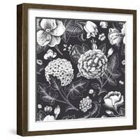 Beautiful Vintage Floral Seamless Pattern. Garden Roses, Hydrangea and Dog-Rose Flower on a Black B-Olga Korneeva-Framed Art Print