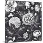 Beautiful Vintage Floral Seamless Pattern. Garden Roses, Hydrangea and Dog-Rose Flower on a Black B-Olga Korneeva-Mounted Art Print