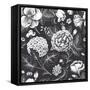 Beautiful Vintage Floral Seamless Pattern. Garden Roses, Hydrangea and Dog-Rose Flower on a Black B-Olga Korneeva-Framed Stretched Canvas