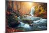 Beautiful Waterfall at Mountain River in Colorful Autumn Forest with Red and Orange Leaves at Sunse-Denis Belitsky-Mounted Photographic Print