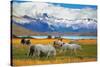 Beautiful White and Gray Horses Grazing in a Meadow near the Lake. on the Horizon, Towering Cliffs-kavram-Stretched Canvas