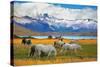 Beautiful White and Gray Horses Grazing in a Meadow near the Lake. on the Horizon, Towering Cliffs-kavram-Stretched Canvas