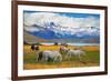 Beautiful White and Gray Horses Grazing in a Meadow near the Lake. on the Horizon, Towering Cliffs-kavram-Framed Photographic Print