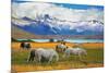 Beautiful White and Gray Horses Grazing in a Meadow near the Lake. on the Horizon, Towering Cliffs-kavram-Mounted Photographic Print