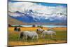 Beautiful White and Gray Horses Grazing in a Meadow near the Lake. on the Horizon, Towering Cliffs-kavram-Mounted Photographic Print