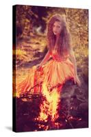 Beautiful Witch in the Woods near the Fire. Magic Woman Celebrating Halloween. Girl Doing Witchcraf-Miramiska-Stretched Canvas