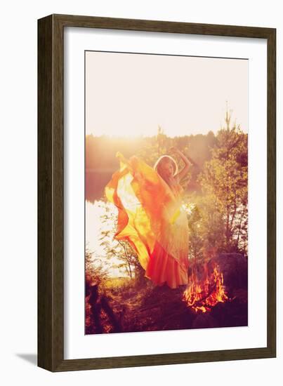 Beautiful Witch in the Woods near the Fire. Magic Woman Celebrating Halloween. Girl Doing Witchcraf-Miramiska-Framed Photographic Print