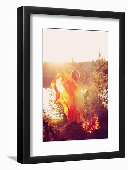 Beautiful Witch in the Woods near the Fire. Magic Woman Celebrating Halloween. Girl Doing Witchcraf-Miramiska-Framed Photographic Print