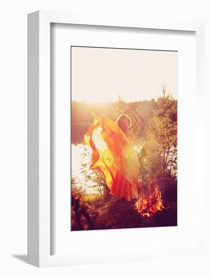 Beautiful Witch in the Woods near the Fire. Magic Woman Celebrating Halloween. Girl Doing Witchcraf-Miramiska-Framed Photographic Print