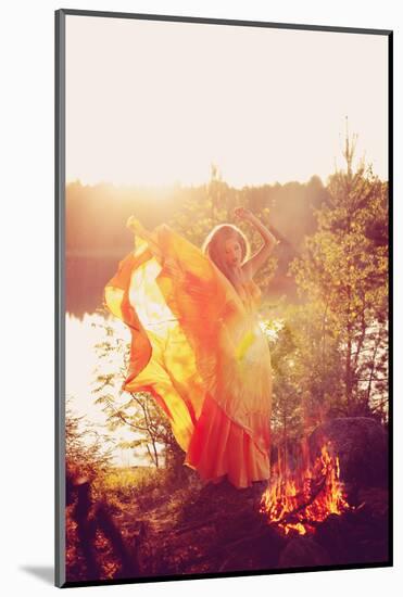 Beautiful Witch in the Woods near the Fire. Magic Woman Celebrating Halloween. Girl Doing Witchcraf-Miramiska-Mounted Photographic Print