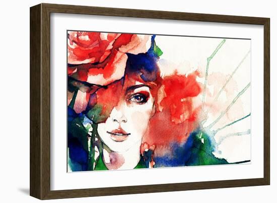 Beautiful Woman Face. Watercolor Illustration-Anna Ismagilova-Framed Art Print