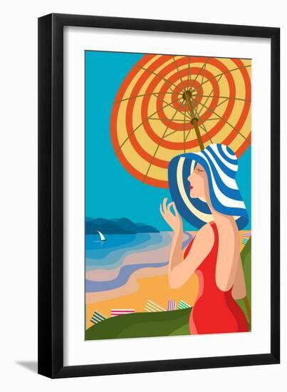 Beautiful Woman in a Wide-Brimmed Hat on a Tropical Beach. the Lake Shore, the Mountains. Holiday O-sebos-Framed Art Print
