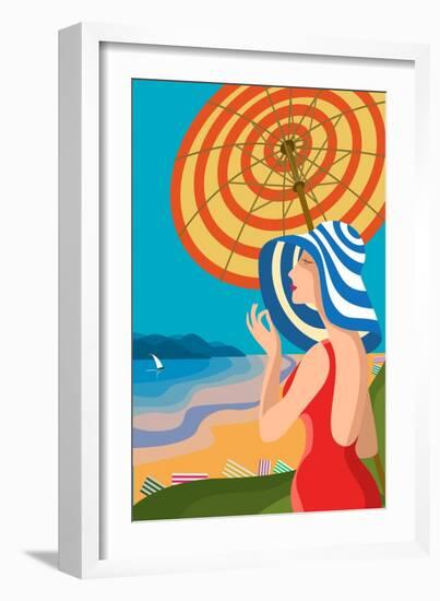 Beautiful Woman in a Wide-Brimmed Hat on a Tropical Beach. the Lake Shore, the Mountains. Holiday O-sebos-Framed Art Print