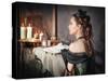 Beautiful Woman in Medieval Dress near Mirror-darkbird-Stretched Canvas