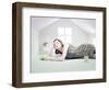Beautiful Woman in the White Toy House (Photo Compilation Concept )-viczast-Framed Photographic Print