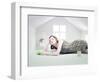 Beautiful Woman in the White Toy House (Photo Compilation Concept )-viczast-Framed Photographic Print