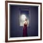 Beautiful Woman Observing the Moon from a Window-olly2-Framed Art Print