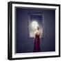 Beautiful Woman Observing the Moon from a Window-olly2-Framed Art Print