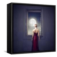 Beautiful Woman Observing the Moon from a Window-olly2-Framed Stretched Canvas