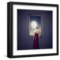 Beautiful Woman Observing the Moon from a Window-olly2-Framed Art Print